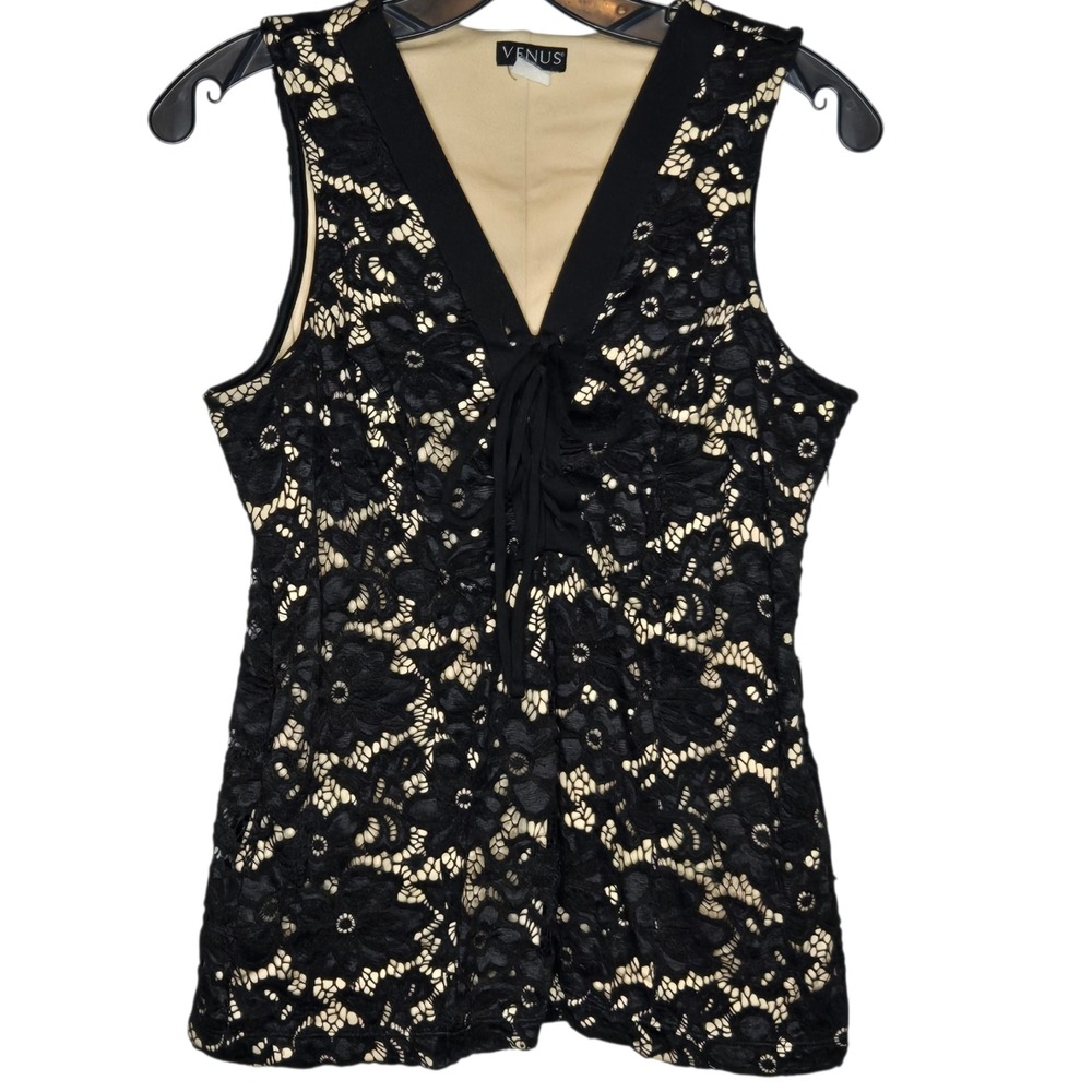 Venus Medium Black Floral Lace Corset Vest Top Nude Lining Lace-up Front Boho